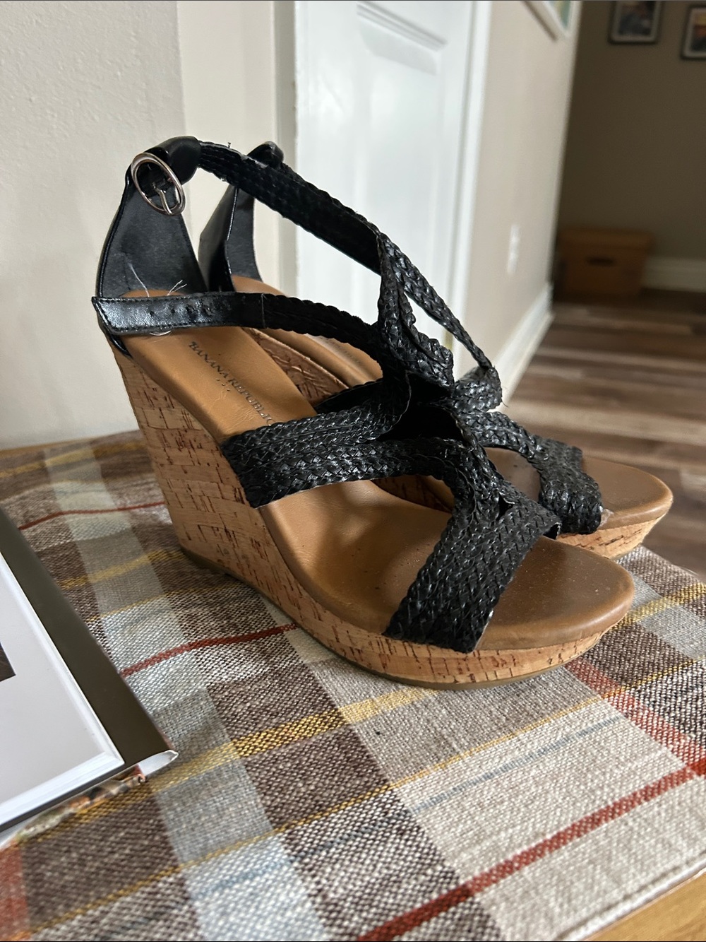 Banana Republic Black Woven Cork Wedge Sandals